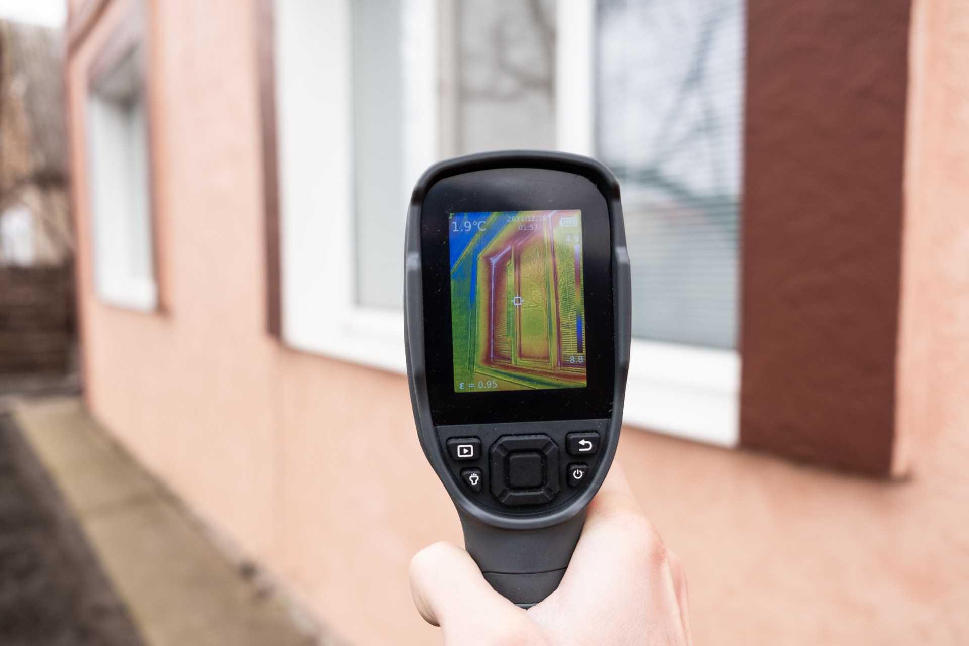 A male hand holds a thermal imager at the window of a house. Search for heat loss in private houses